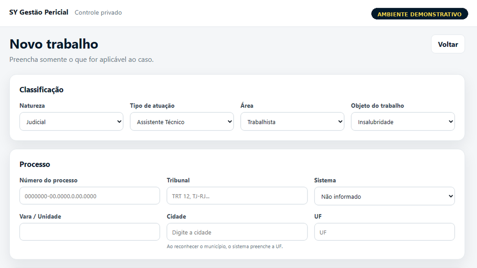 Cadastro de novo trabalho no Gestão Pericial